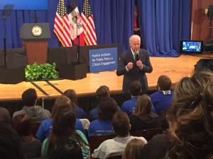 Biden roams the crowd as he answers students' questions