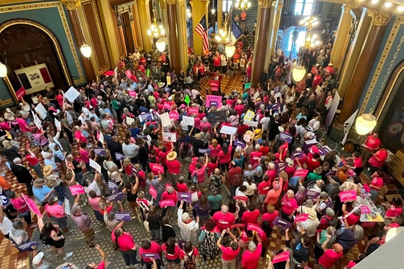 Iowa Democrat Jennifer Konfrst speaks to protesters rallying at the Iowa Capitol rotunda in opposition to the new ban on abortion after roughly six weeks of pregnancy introduced by Republican lawmakers in a special session on Tuesday, July 11, 2023. (AP Photo/Hannah Fingerhut)