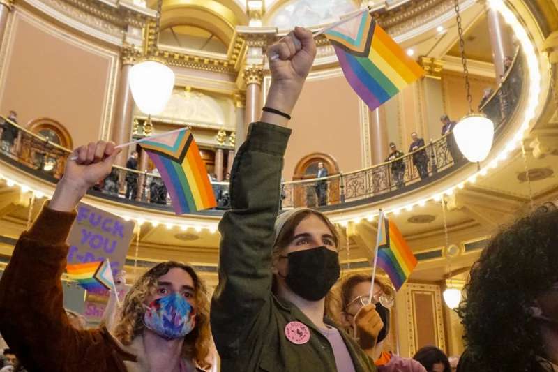 LGBTQ advocates rally at the Iowa Capitol to protest a 2024 bill that would legalize discrimination against trans Iowans. The bill failed that year, but passed in 2025. (Avery Staker/Iowa Starting Line)