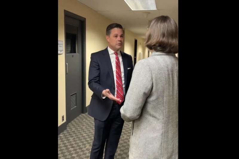Rep. Zach Nunn (R-Iowa) and Laura Packard, a health-care activist and cancer survivor, discuss the Affordable Care Act in March 2024. (Photo submitted)