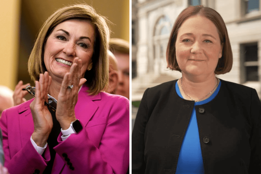 Left: Kim Reynolds in a pink jacket, clapping and smiling before at the signing ceremony for the voucher bill. Right: portrait of Brenna Bird smiling outside of the Iowa Capitol.