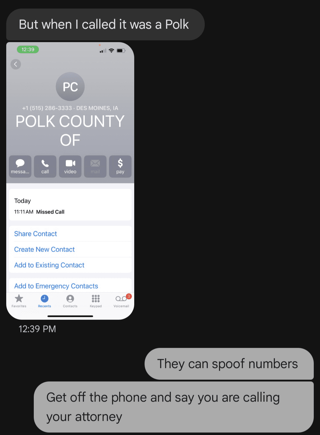 Screenshot of a text thread between Adriana and Ty about a scam call