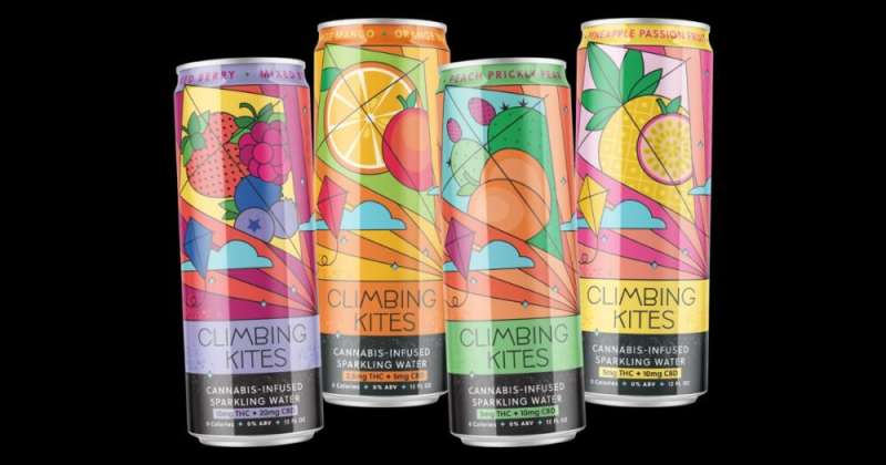 Four cans of Climbing Kites THC drinks against a black background