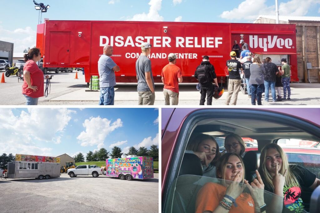 Three images arranged with one on top and two side-by-side on the bottom from the volunteer check-in spot for Greenfield tornado recovery. Top image shows a red trailer that says "disaster relief command center" with a line of people stretched out in front of it. The bottom left picture shows a fair food truck and a mini donut food truck in the line to go into Greenfield. Bottom right picture shows four young women sitting in a truck and posing for the camera while they wait to leave