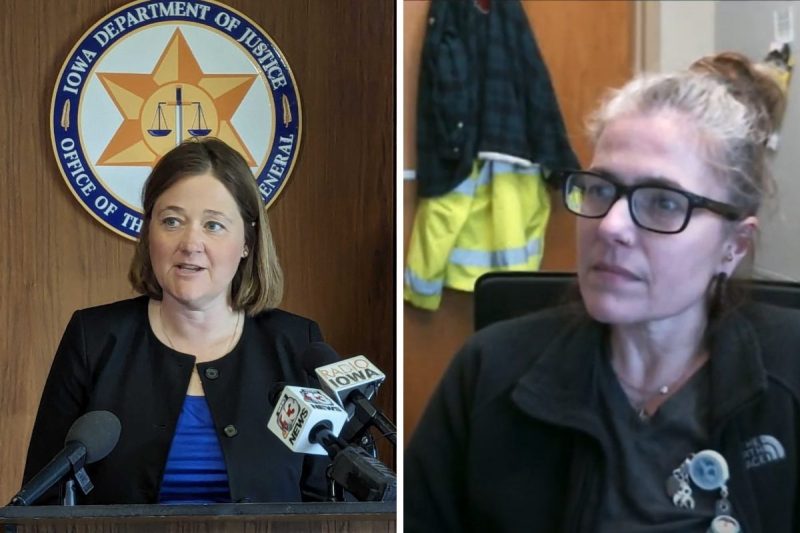 Left: Iowa Attorney General Brenna Bird standing at a podium in her office with microphones pointed at her. The AG's symbol, a star with the scales of justice, is on the wall behind her. She's clearly speaking. Right: SANE nurse Jessica Clayton, a blond woman in glasses, is in her office looking slightly to the left of the camera, wearing a neutral expression.