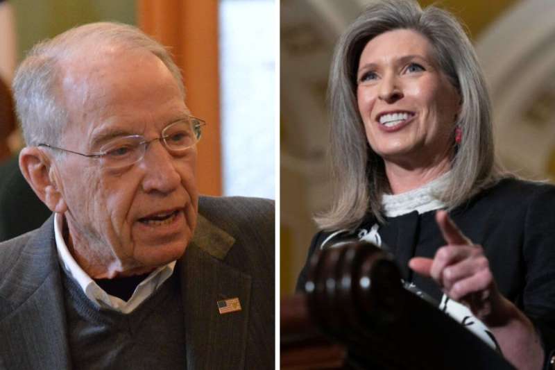 Left: Sen. Chuck Grassley in an office in 2022, mid-speaking. Right: Sen. Joni Ernst speaking at a podium with other senators in the background in Washington, DC in 2022