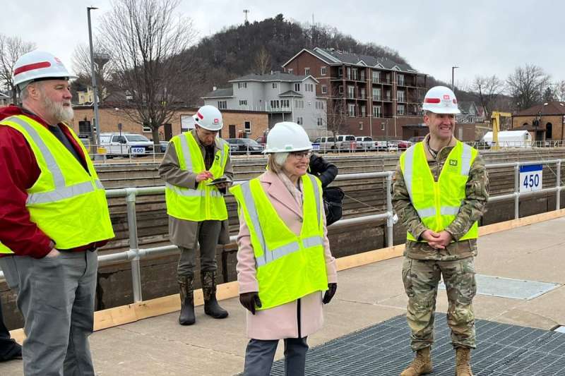 US Rep. Mariannette Miller-Meeks visits a lock and dam system along the Mississippi River. Miller-Meeks voted against a bill to fund the modernization of locks and dams on the Mississippi River in her district, but still claimed credit for the project. (Photo from Miller-Meeks' official Twitter account)