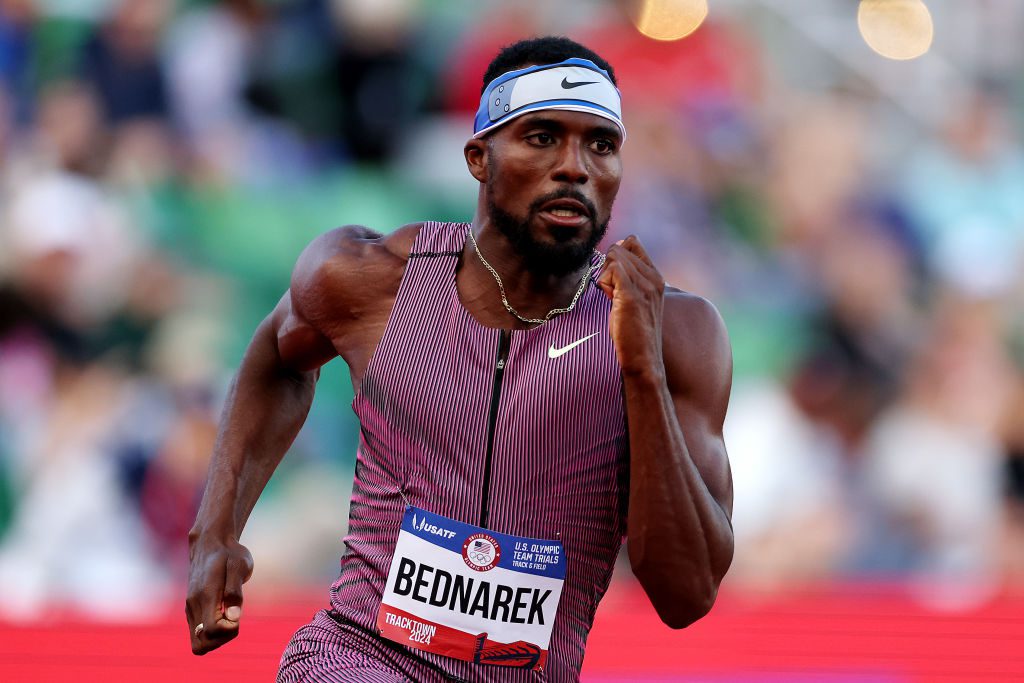 EUGENE, OREGON - JUNE 27: Kenny Bednarek competes in the first round of the men's 200 meters on Day Seven of the 2024 U.S. Olympic Team Track & Field Trials at Hayward Field on June 27, 2024 in Eugene, Oregon. (Photo by Patrick Smith/Getty Images)