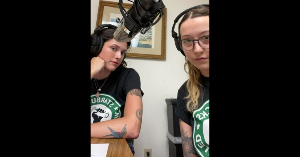 Davenport Starbucks workers Braiden McClurg, left, and Alexis Miller.