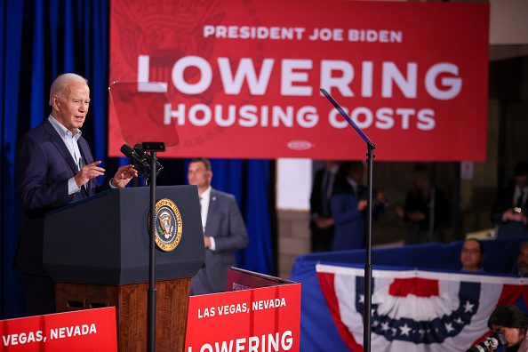 US President Joe Biden speaks at Stupak Community Center on March 19, 2024 in Las Vegas, Nevada. Biden delivered remarks on making affordable housing more available for American families. (Photo by Ian Maule/Getty Images)