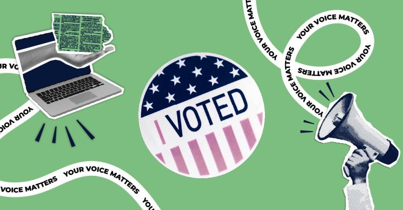 I Voted sticker on branded elections background.