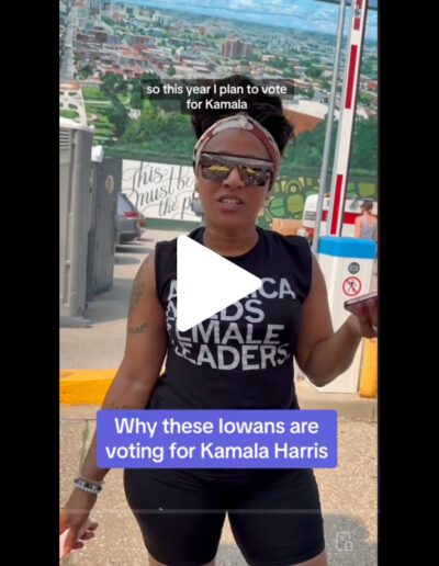 Screenshot of video of Iowa voter discussing why she is voting for Vice President Kamala Harris in the upcoming presidential election.