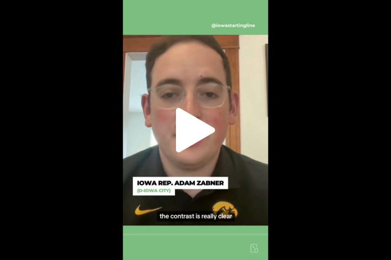 Screenshot of video of Iowa Rep. Adam Zabner (D-Iowa City) explaining why Iowa Democrats endorsed Vice President Kamala Harris for president