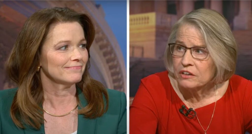 Democratic challenger Christina Bohannan (left) and Republican incumbent US Rep. Mariannette Miller-Meeks square off in an Iowa PBS debate. Now they are headed for a recount.