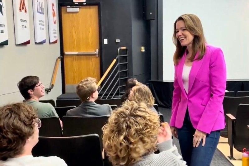 Democratic congressional candidatesChristina Bohannan speaks with students at the University of Iowa's Iowa Memorial Union.