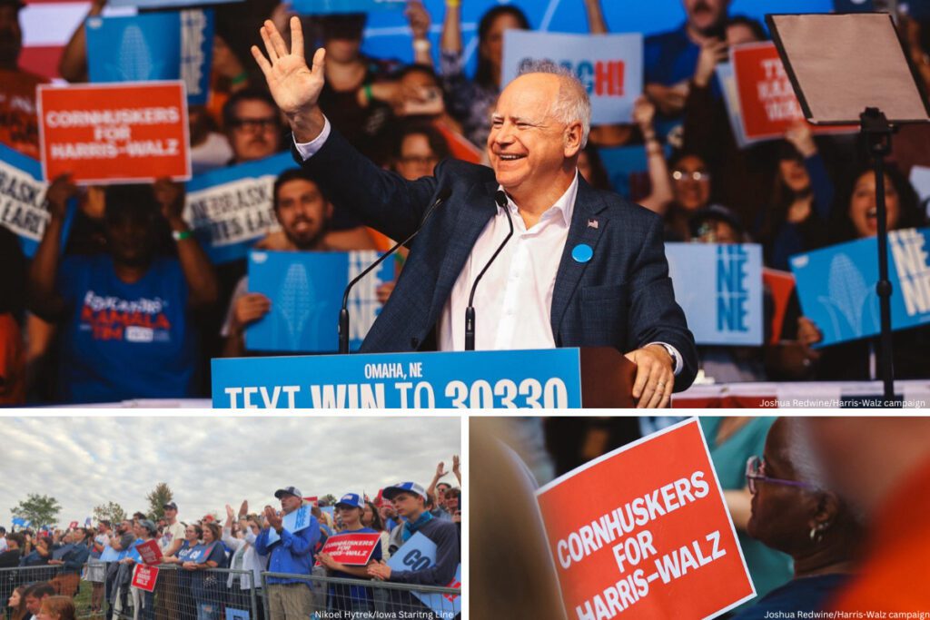 three pictures: one of Walz smiling and waving in front of a podium, a crowd shot, and a close-up of a supporter with a sign that says "Cornhuskers for Harris-Walz"