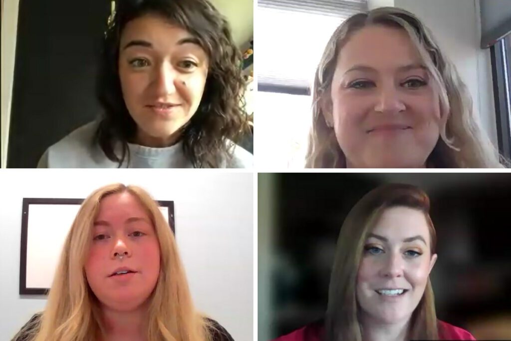 screenshots of the speakers at the press conference about Iowa's abortion ban. Top left: Chelsea Cooper, top right: Alex Sharp, bottom left: Kristina Remus, bottom right: Holly Thomas