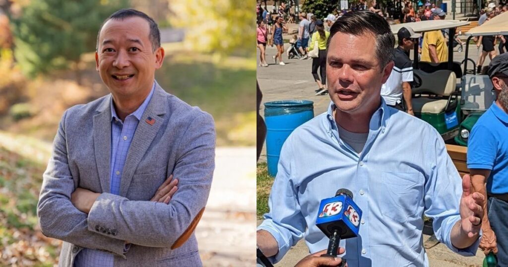 Pictures of Democratic challenger Lanon Baccam and Republican U.S. Rep. Zach Nunn are positioned side-by-side.