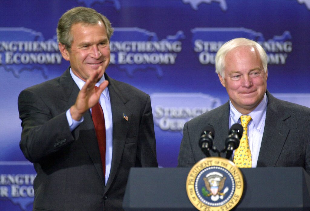 President George W. Bush with US Rep. Jim Leach in 2002.