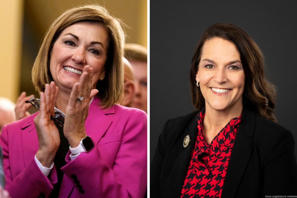 Left: Gov. Kim Reynolds smiling and clapping at an event. Right: Chris Cournoyer's official headshot