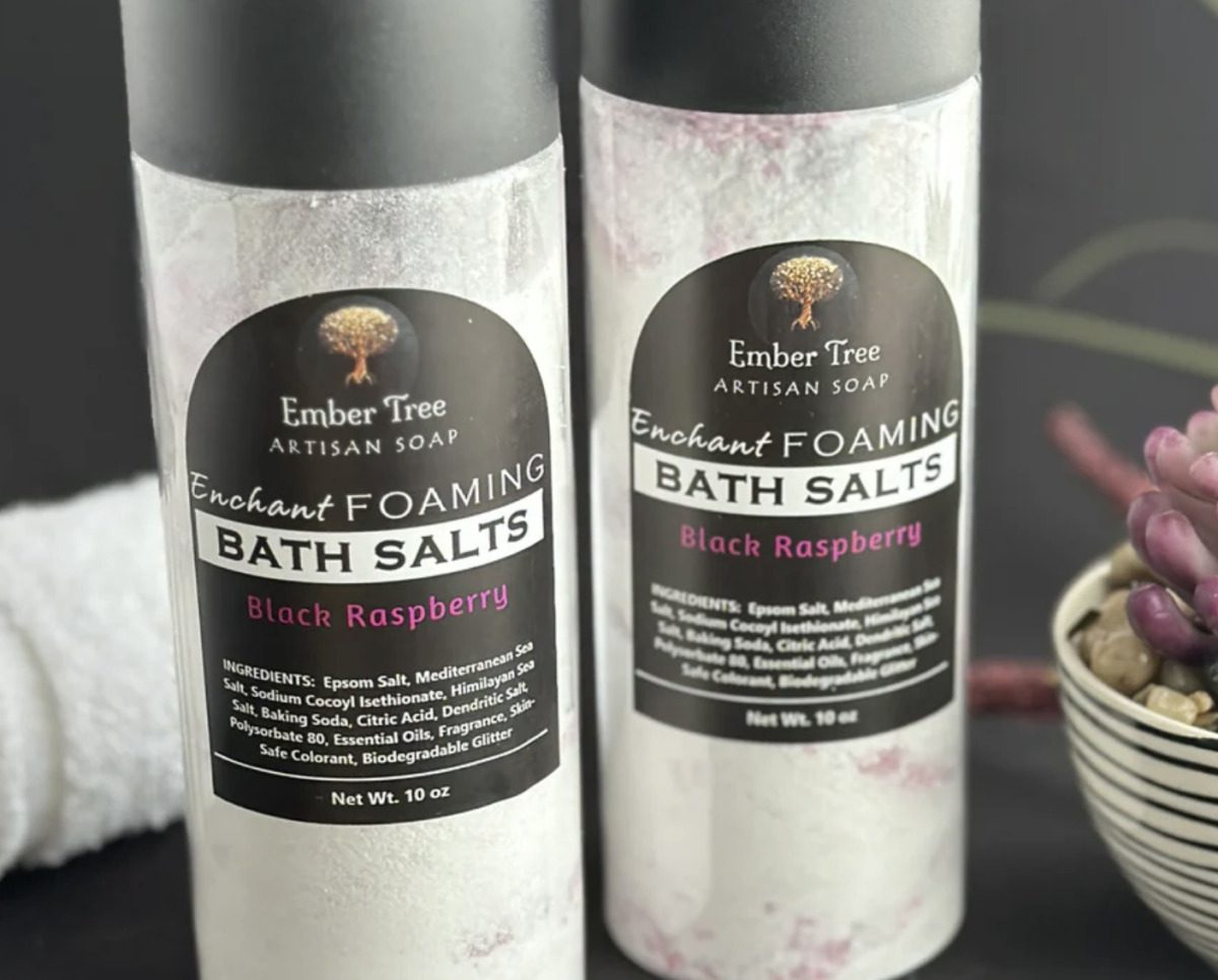Two containers of Ember Tree Artisan Soap’s Enchant Foaming Bath Salts