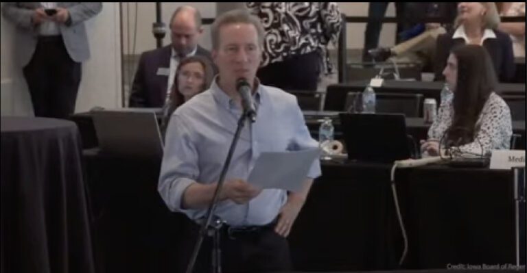 Christopher Martin, president of United Faculty, the faculty union of the University of Northern Iowa, speaks to the Iowa Board of Regents at their June 11, 2025, meeting in Iowa City.