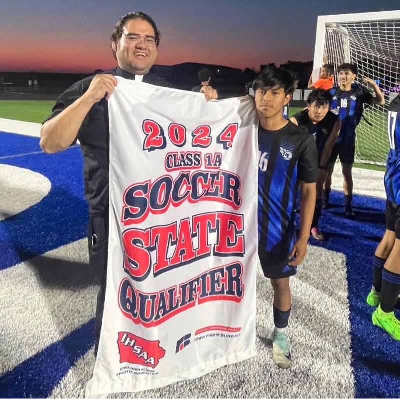 Father Guillermo Treviño, left, with his godson, Pascual Pedro-Pedro, celebrating the West Liberty soccer team qualifying for the Class 1A state tournament last year. (Photo courtesy Fr. Treviño from Facebook)