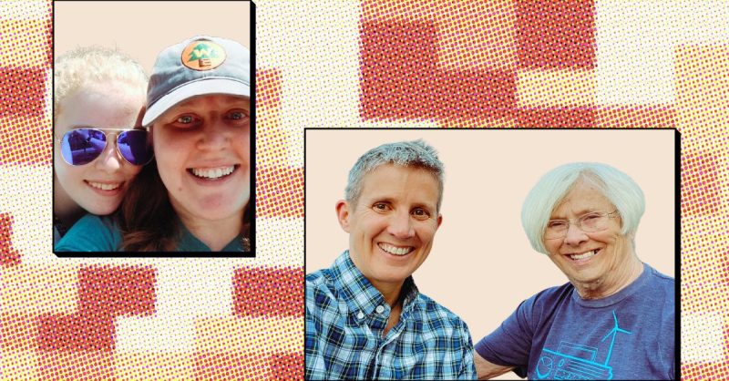 Left: Sara Geiken with her daughter, Paige. Right: AnMarie Rodgers of Oakland, California (formerly of Newton), with her mother. (Graphic by Iowa Starting Line)