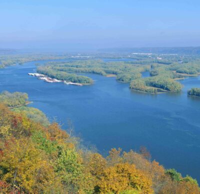 A mix of rocky cliffs, rivers, and forest, the 964-acre park’s terrain is different from the flat plains and gentle rolling hills that cover much of Iowa. From the park’s many scenic overlooks, visitors can enjoy spectacular views of the Mississippi and Wisconsin rivers.