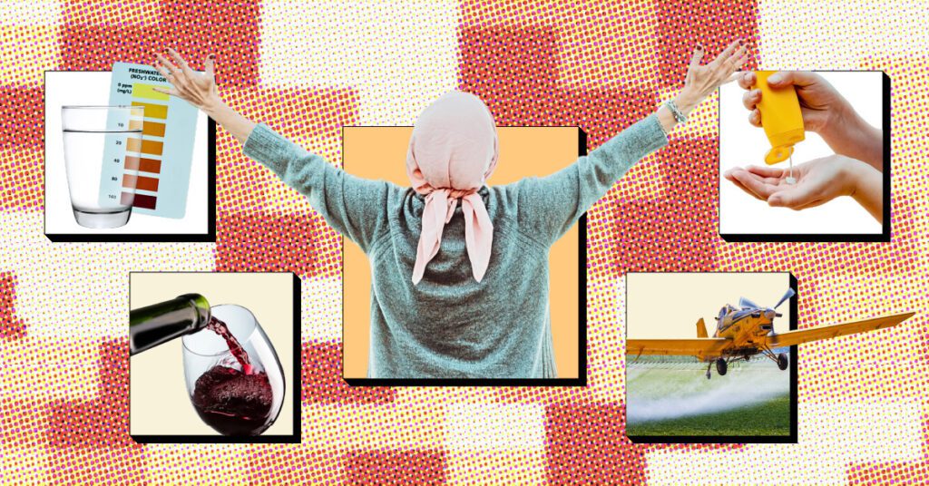 Iowa Starting Line graphic focused on cancer in Iowa featuring five images: a water glass with a nitrate test strip, a bottle of wine pouring into a wine glass, a person wearing a head scarf with their hands raised, a pair of hands squirting sunscreen, and a plane spraying chemicals onto a field.