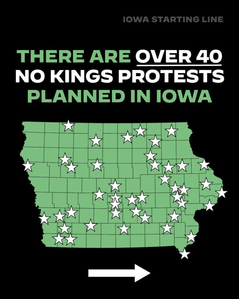 A map showing many of the No Kings protests planned in Iowa for Oct. 18, 2025. (Graphic by Iowa Starting Line)