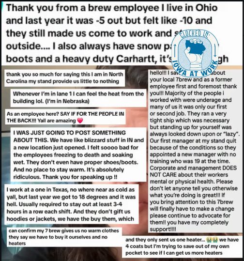 Screenshot of a Clocked In video with several messages pasted onto the screen from 7 Brew workers describing conditions at their stores.