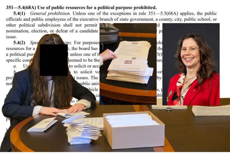 Iowa House legislative page folds mailers for Iowa Rep. Jennifer Smith's election campaign on the state's dime.