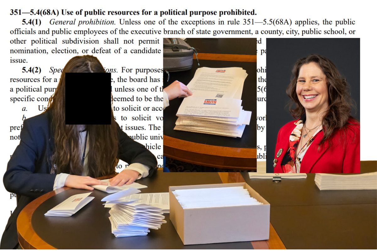 Iowa House legislative page folds mailers for Iowa Rep. Jennifer Smith's election campaign on the state's dime.