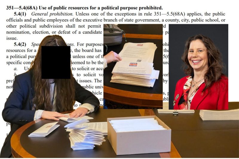 Iowa House legislative page folds mailers for Iowa Rep. Jennifer Smith's election campaign on the state's dime.