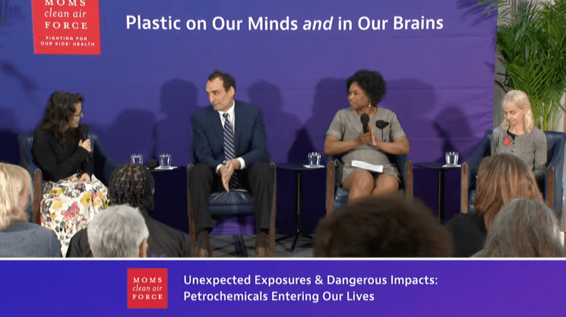 A screenshot of a panel discussion about plastics and petrochemicals at the 2026 Moms Clean Air Force summit in Washington, DC, on March 4, 2026.