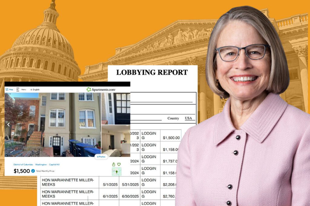 US Rep. Mariannette Miller-Meeks is pictured with documents detailing her rental agreement for a DC apartment owned by lobbyists for the pharmaceutical industry.