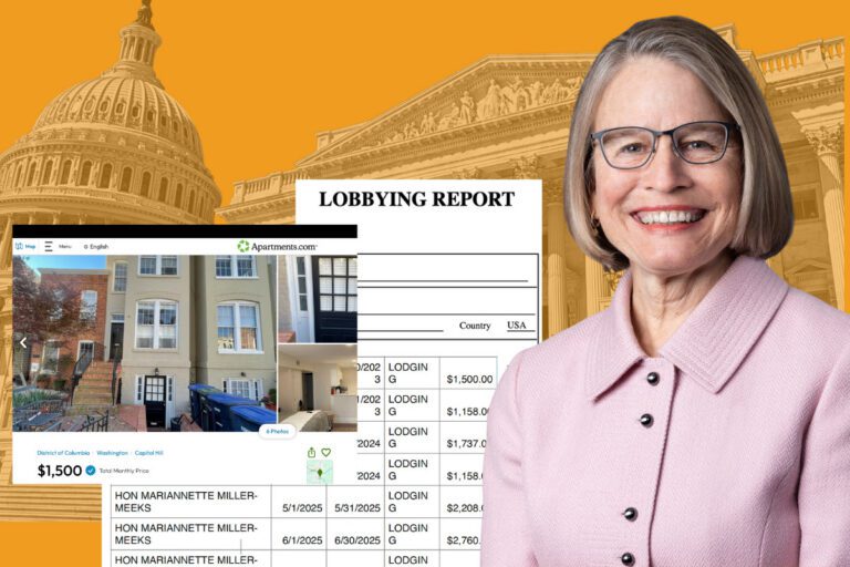 US Rep. Mariannette Miller-Meeks is pictured with documents detailing her rental agreement for a DC apartment owned by lobbyists for the pharmaceutical industry.