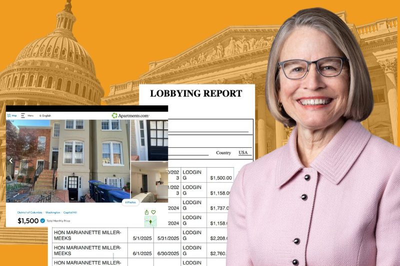 US Rep. Mariannette Miller-Meeks is pictured with documents detailing her rental agreement for a DC apartment owned by lobbyists for the pharmaceutical industry.