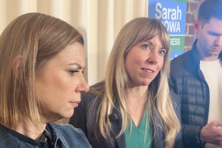 Democratic candidate Sarah Trone Garriott and US Sen. Elissa Slotkin of Michigan answer questions during a press conference.