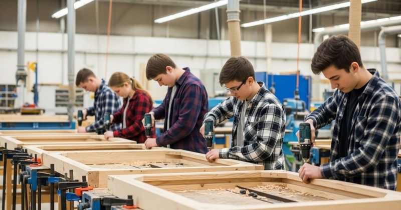 People learning woodwork at a community college trade program