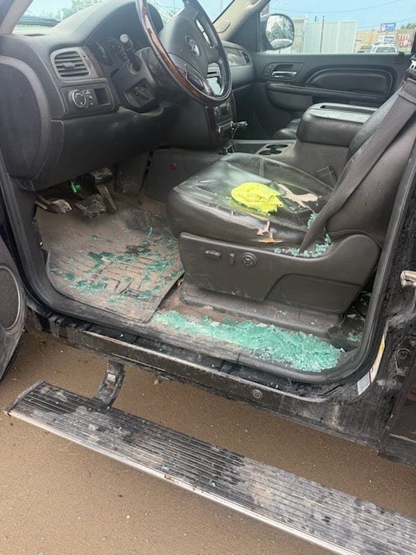 Juan Lopez's truck after ICE agents smashed his windows and detained him. (Courtesy Escucha Mi Voz)