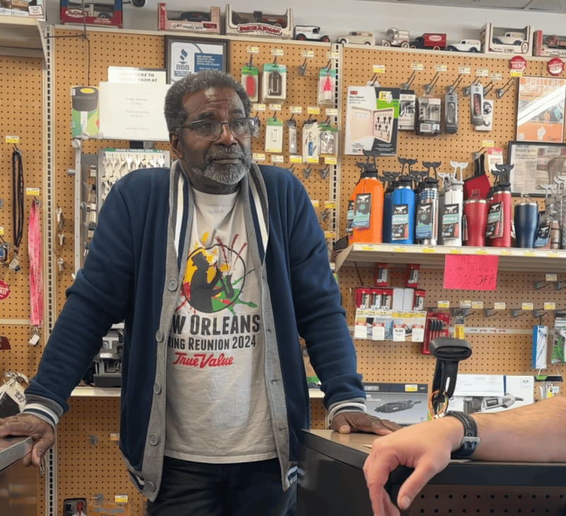 Wendell Speller, co-owner of Speller's True Value in Waterloo, talks with US Senate candidate Josh Turek about high costs on Friday, Oct. 9, 2026.